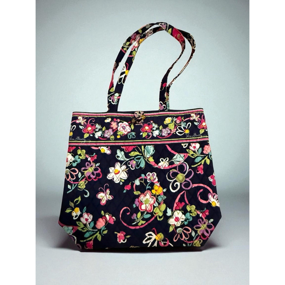 Vera Bradley Tote Ribbons Quilted Navy Blue Pink Medium Carryall Retired Pattern - Picture 1 of 6